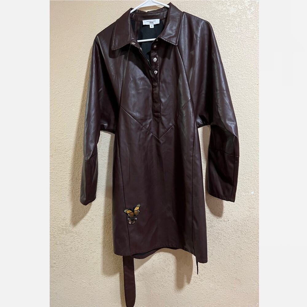 Marissa Webb Brown Faux Leather Shirtdress with butterflies - Picture 4 of 10